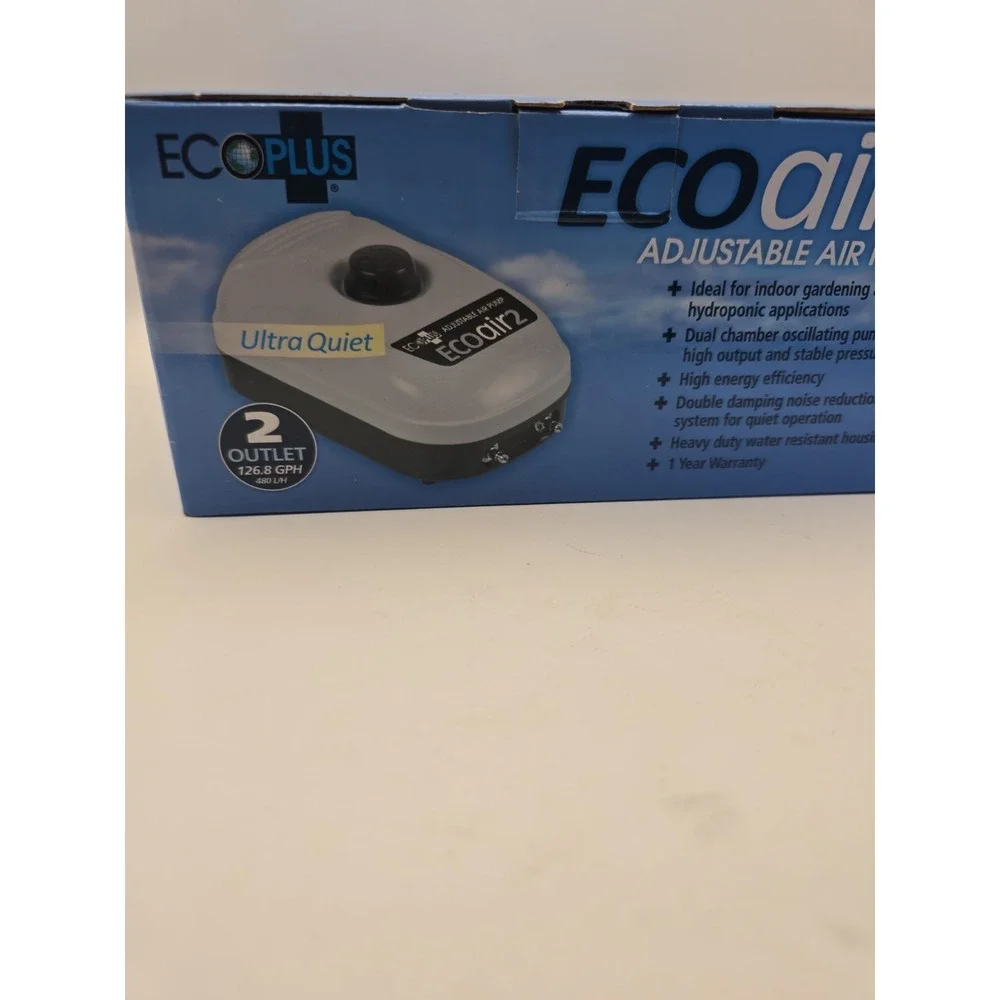 ECOPLUS ECO AIR 2 ADJUSTABLE AQUARIUM PUMP 2 OUTLET 126.8 GPH 3 WATT HYDROPONIC